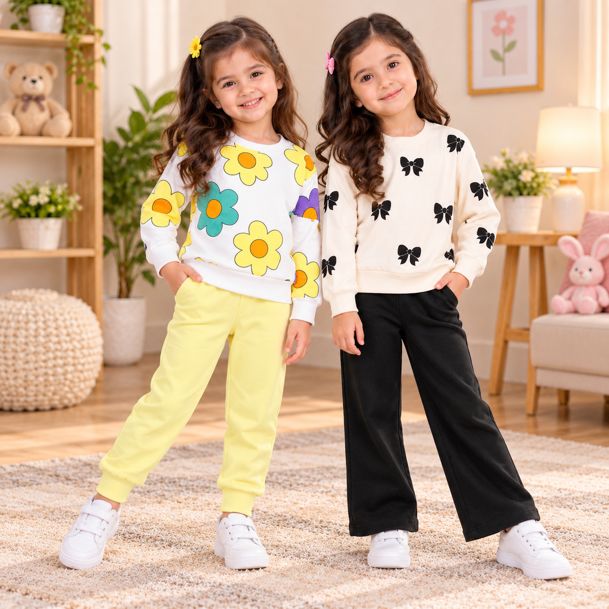 Girls Floral & Bow Printed Sweatshirt with Trouser Set – Pack of 2