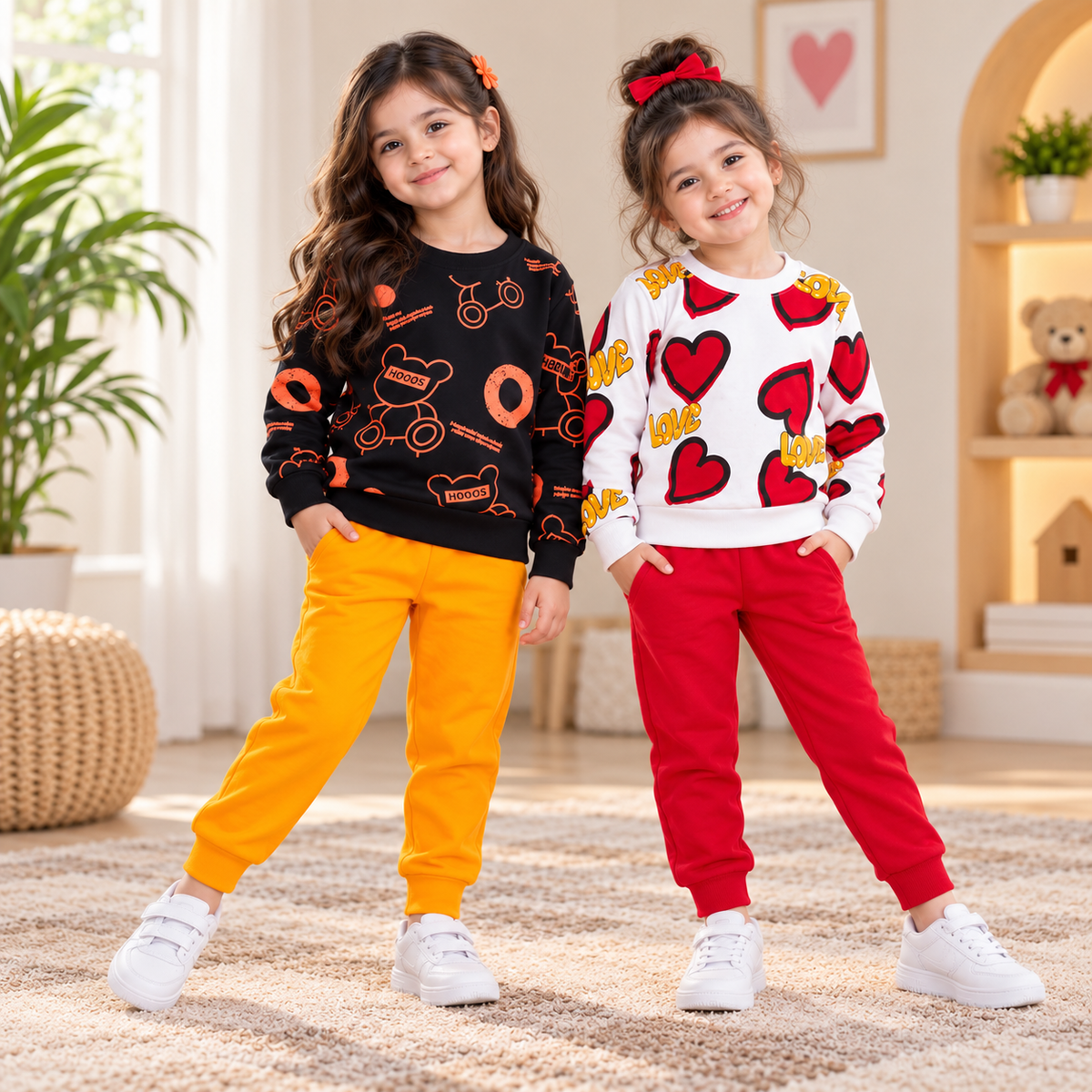 Orange Graphic & White Heart Print Sweatshirt Suit Set – Pack of 2