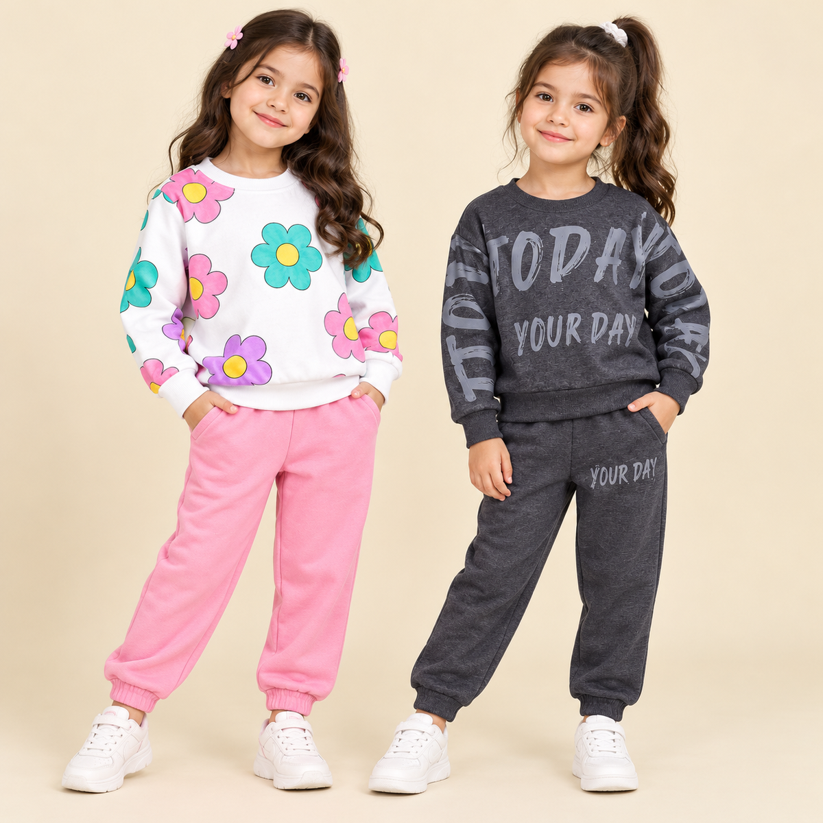 Floral White &  Charcoal Grey Printed Suit Set – Pack of 2
