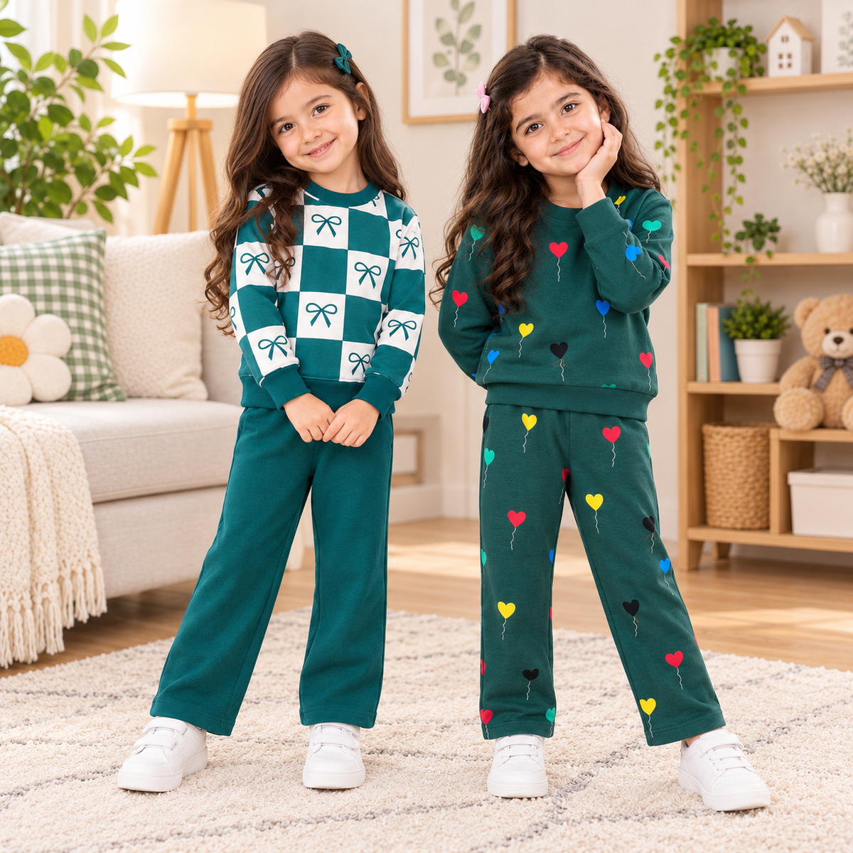 Bow-Check & Teal Green  Heart  Suit Set – Pack of 2