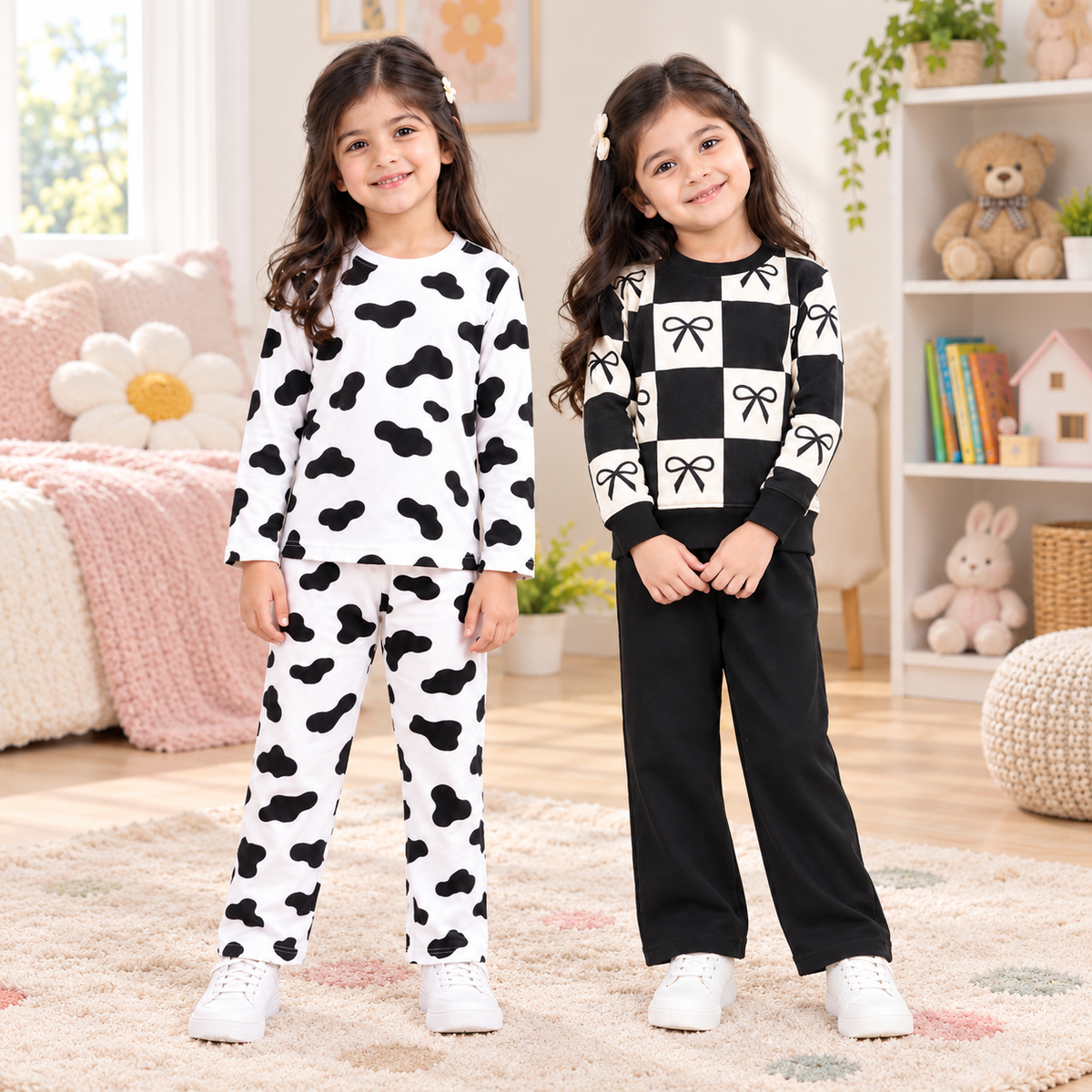 Cow Print  & White Bow Checkerboard Suit Set – Pack of 2