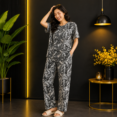 Women’s Black & White Tropical Print Lounge Wear Co-Ord Set