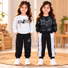 White Striped & Black Printed Suit Set – Pack of 2