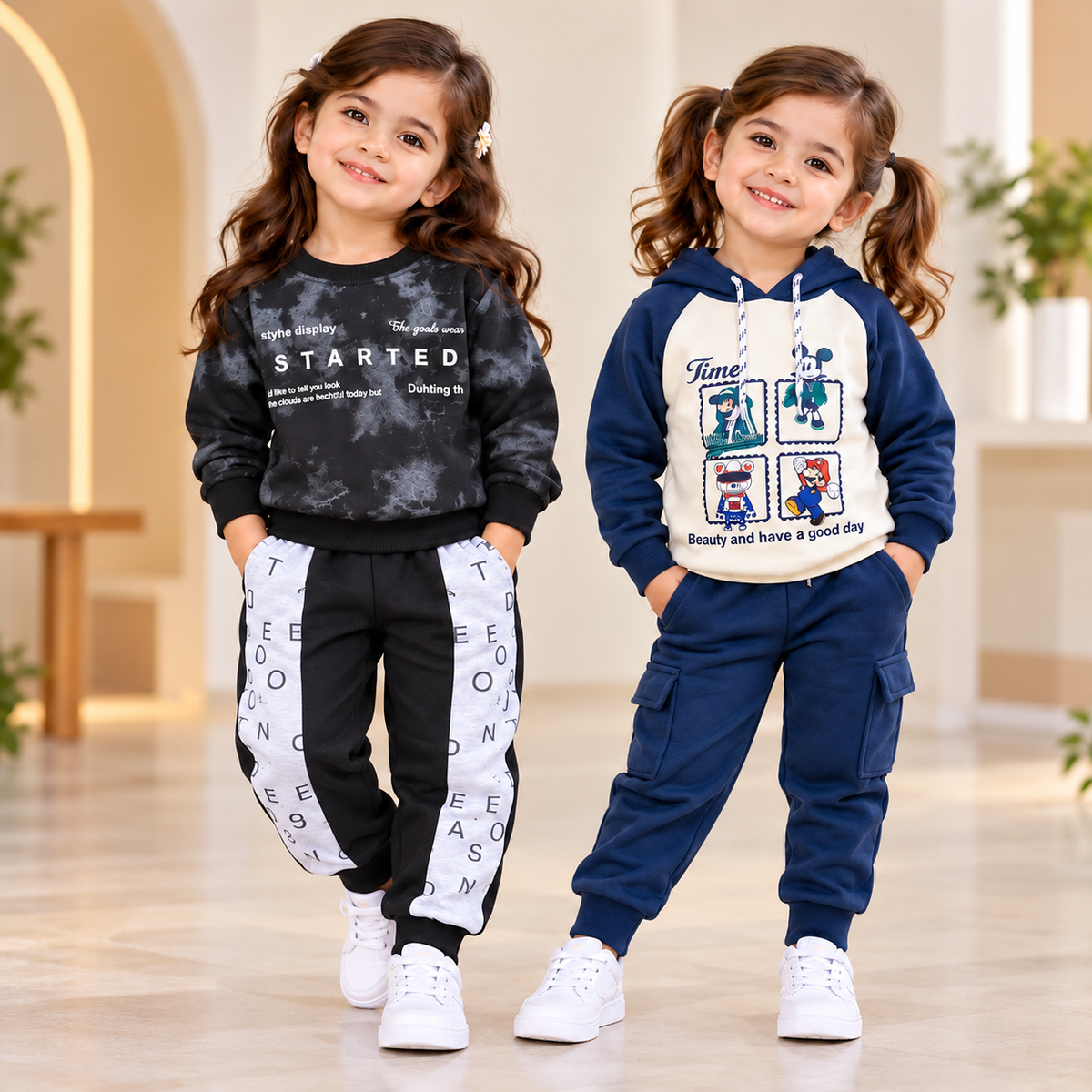 Blue Cartoon Hoodie & Black Printed Suit Set – Pack of 2