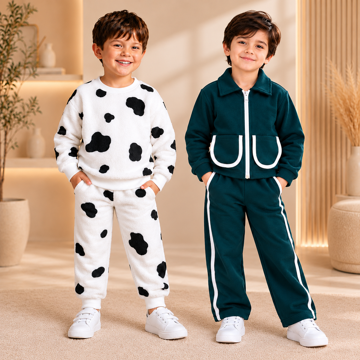 White & Black Cow Print Fleece Tracksuit & Teal Green Zip-Up Tracksuit   - Pack of Two