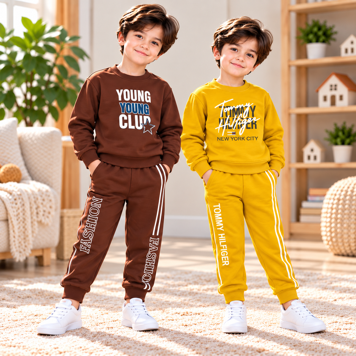 Brown Young Club Printed Sweatshirt  & Mustard Yellow Tommy Hilfiger Style Printed Sweatshirt & Trouser Set - Pack of Two