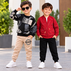 Desgin & Red Printed Zipper Jacket & Trouser Sets - Pack of Two