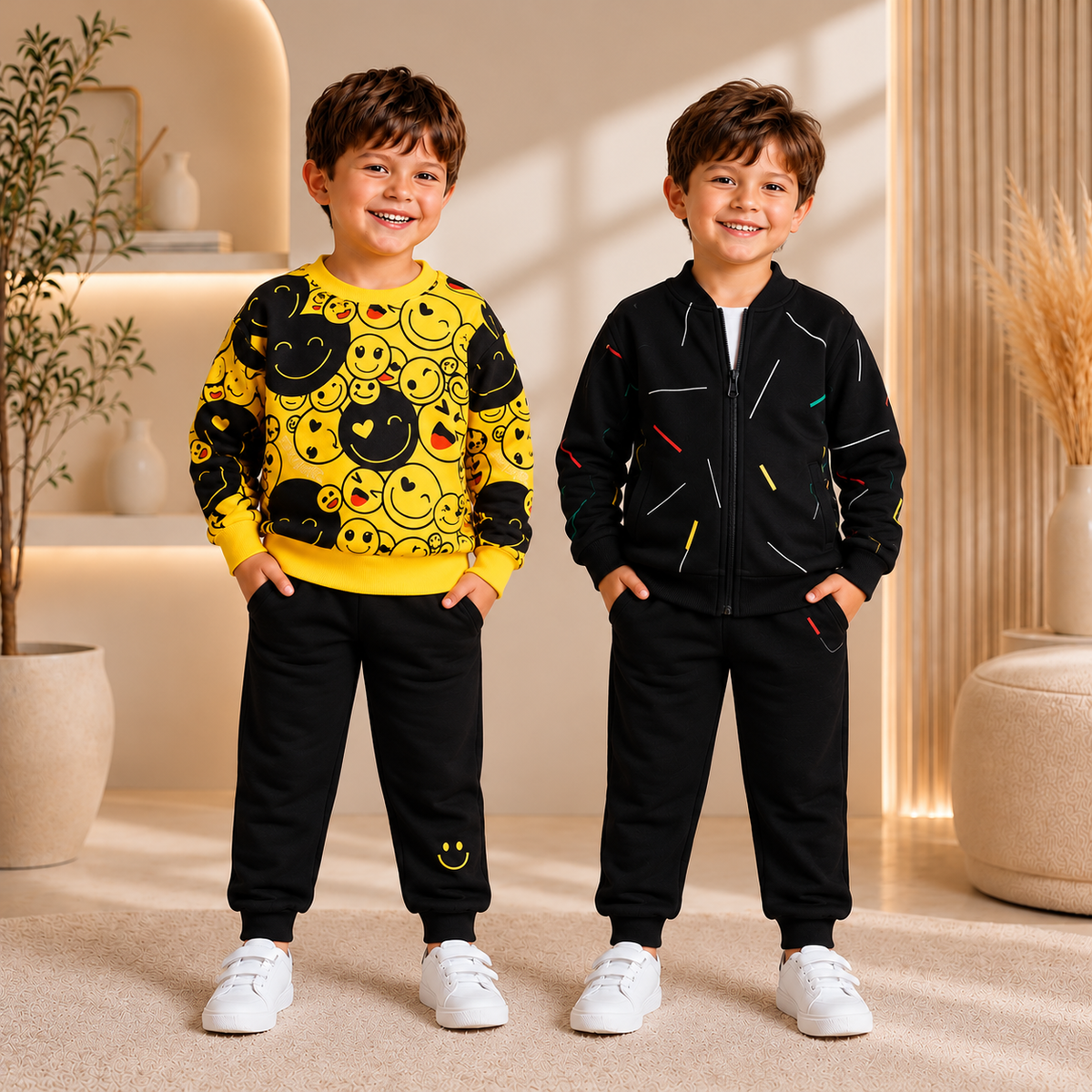 Yellow Emoji Printed Sweatshirt  & Black Printed Zip-Up Jacket with Black Trosuer  - Pack of Two