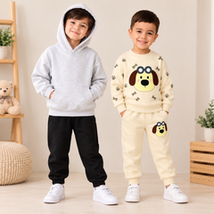 Grey Hoodie With Black Trosuer & Cream Puppy Printed Tracksuit - Pack of Two