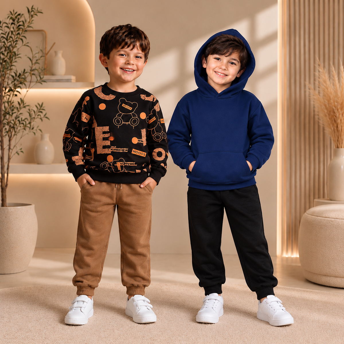 Brown Text  & Navy Blue Hoodie with Black Trosuer - Pack of Two