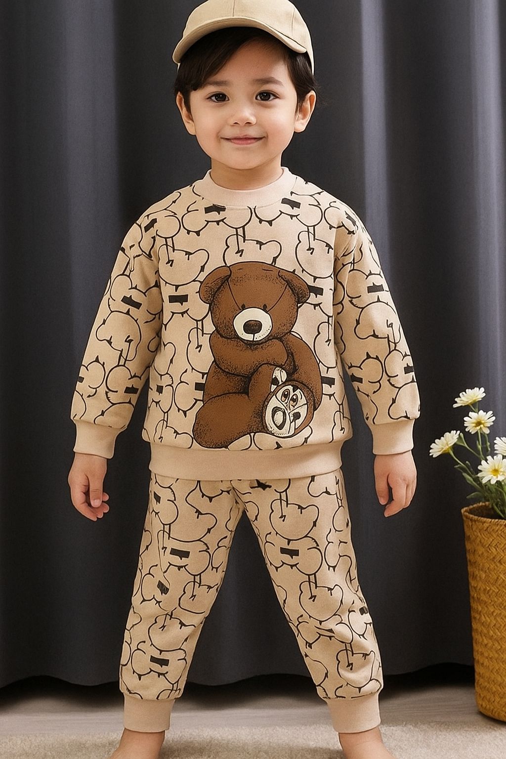 Title: Cute Teddy Printed Beige Tracksuit for Kids