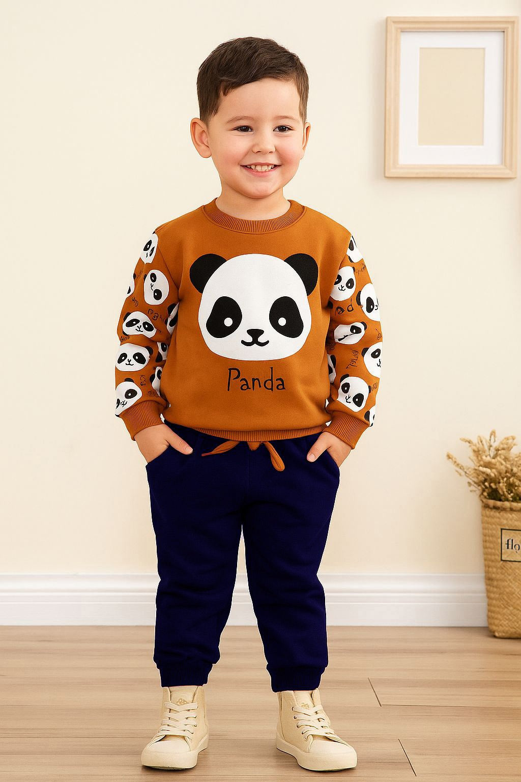 Title: Brown Panda Printed Sweatshirt & Navy Jogger Set for Kids