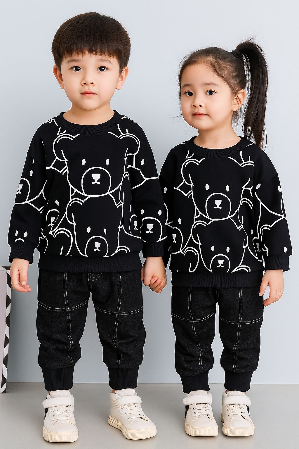 Adorable Teddy Print Black Tracksuit for Kids
