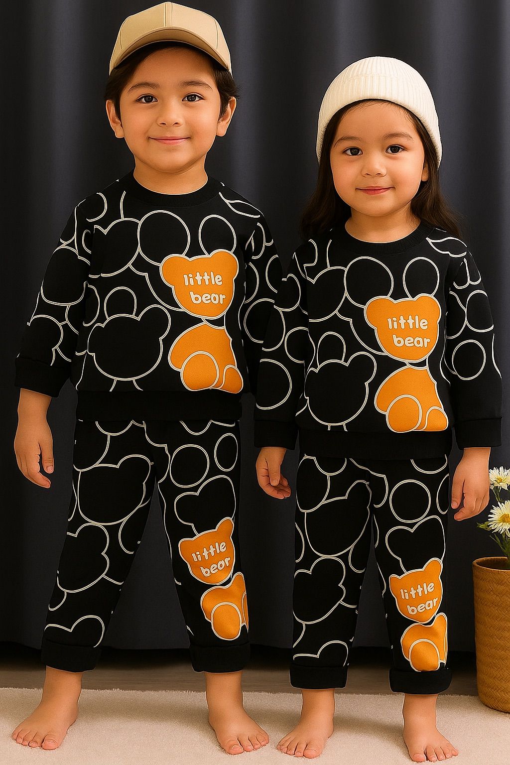Trendy “Little Bear” Printed Black Tracksuit for Kids
