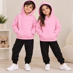 Kids Pink Fleece Hoodie & Black Trouser  Set