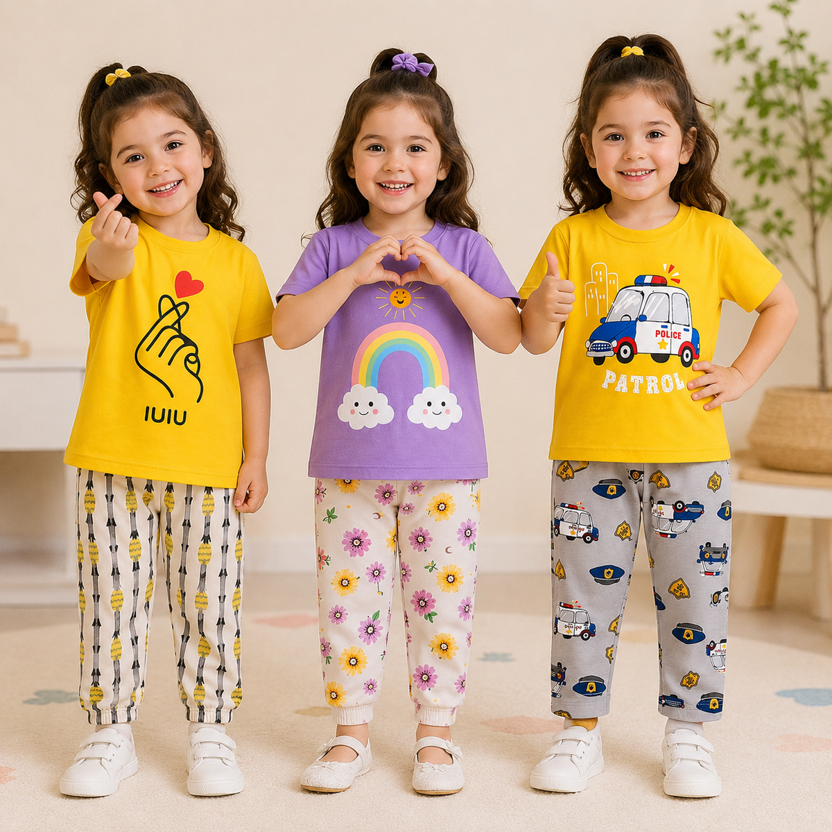 Finger Heart, Rainbow & Police Patrol Girls T-Shirt & Trouser Set – Pack of 3