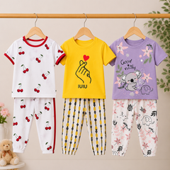 Cherry, Finger Heart & Koala Girls T-Shirt & Trouser Set – Pack of 3
