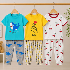 Shark, Finger Heart & Cherry Print Boys T-Shirt & Trouser Co-Ord Set – Pack of 3