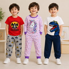 Flashman, Unicorn & Dinosaur Kids T-Shirt & Trouser Co-Ord Set – Pack of 3
