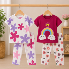 Flower & Rainbow Print Pajama Set Pack of 2