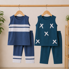 Blue & Teal Soft Sleepwear Premium Cotton Sleeveless Night Suit Pack of 2
