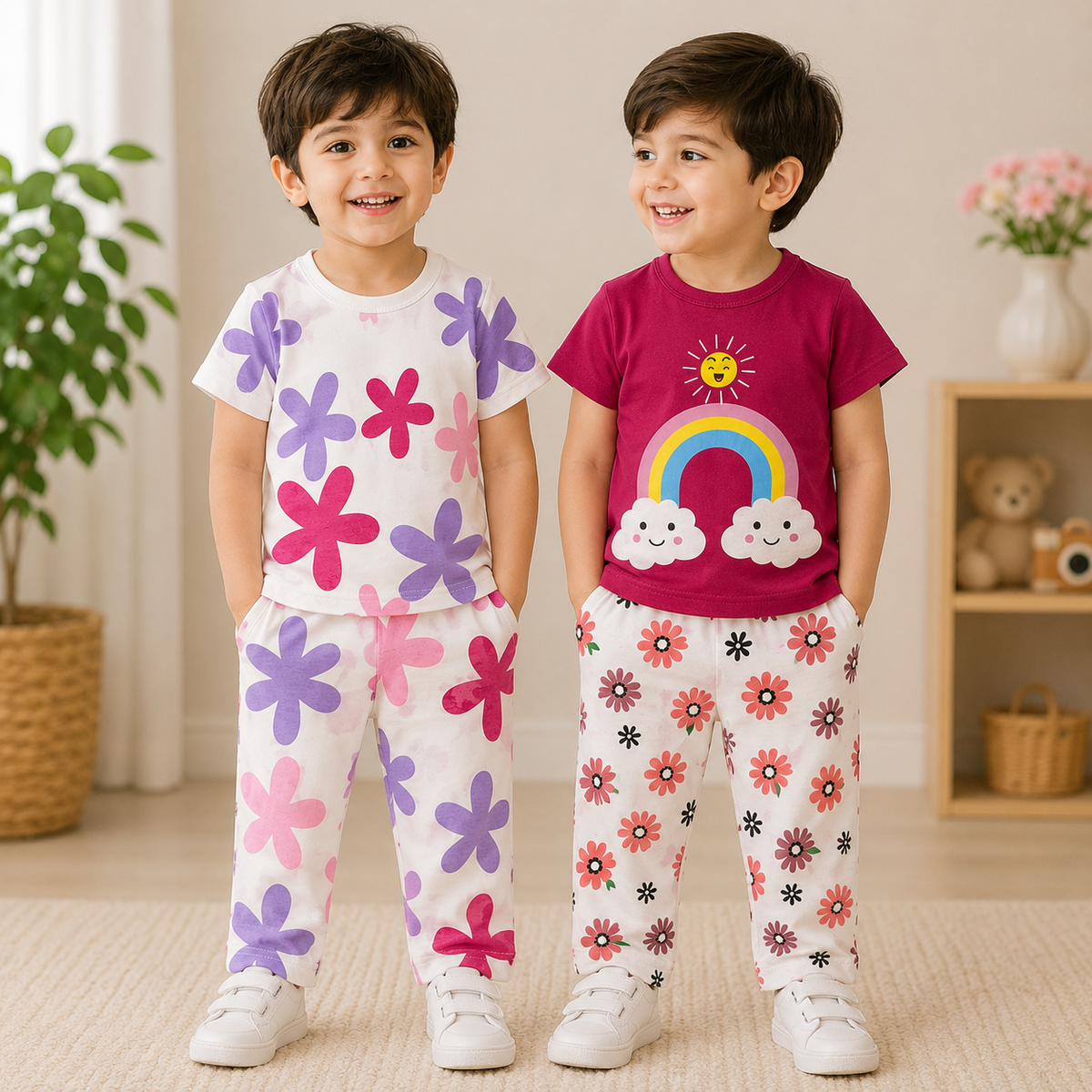 Flower & Rainbow Print Pajama Set Pack of 2