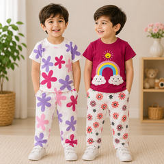 Flower & Rainbow Print Pajama Set Pack of 2