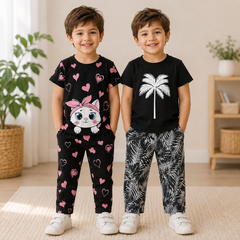 Black Cartoon Cat & Palm Tree Print Pajama Set Pack of 2
