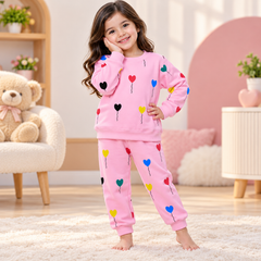 Pink Heart Balloon Printed Girls Sweatshirt & Trouser Set