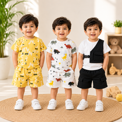 Yellow Alphabet, Dinosaur & Black Cargo Vest Kids Cotton T-Shirt & Shorts Co-Ord Set (Pack of 3)