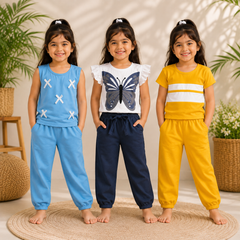 Girls Premium Cotton T-Shirt & Trouser Co-Ord Set – Sky Blue Cross, Butterfly & Yellow Stripe (Pack of 3)