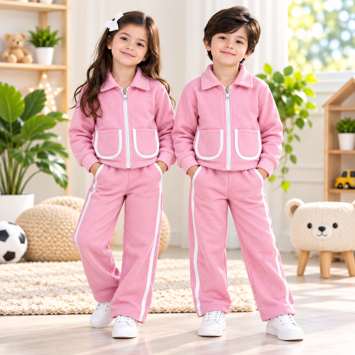 Pink Double-Pocket Quilted Winter Tracksuit for Kids