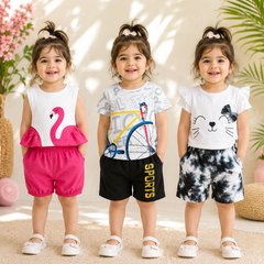 Girls Summer Cotton T-Shirt & Shorts Co-Ord Set – Flamingo, Bicycle & Kitty Print (Pack of 3)