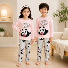 Lovely Panda Kids Pajama Set Pink &amp; Grey – Cute Cartoon Night Suit for Girls