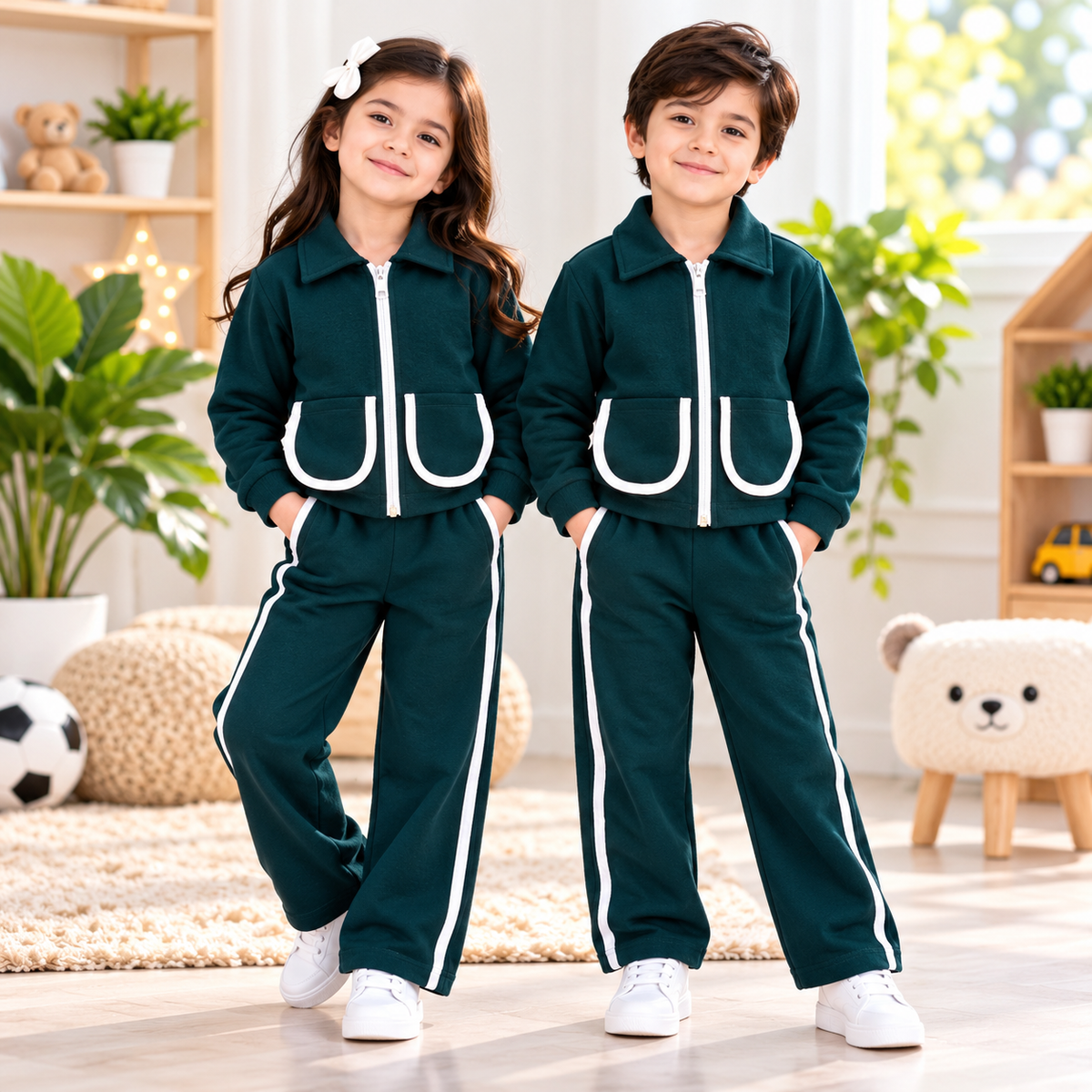 Bottle Green Double-Pocket Quilted Winter Tracksuit for Kids
