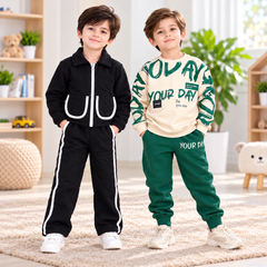 Black Quilted Tracksuit Jacket   & Green Your Day Printed Sweatshirt Set - Pack of Two