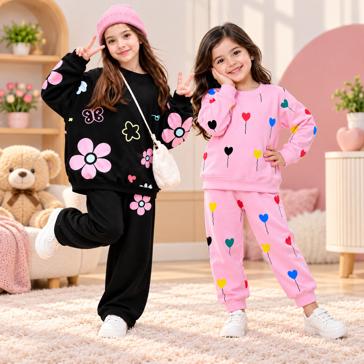 Black Floral  & Pink Heart Balloon Co-Ord Set Pack Of Two