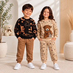 Winter Black Robot Print Sweatshirt & Beige Teddy Bear Print Sweatshirt Suit Set ( Pack of Two )