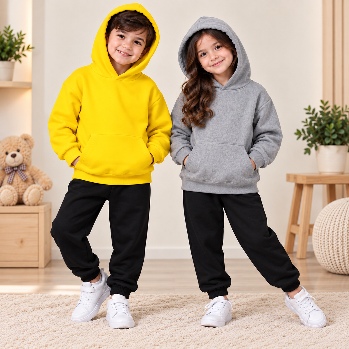 Winter Yellow & Grey Hoodies with Black Trousers Suit Set  ( Pack of two )