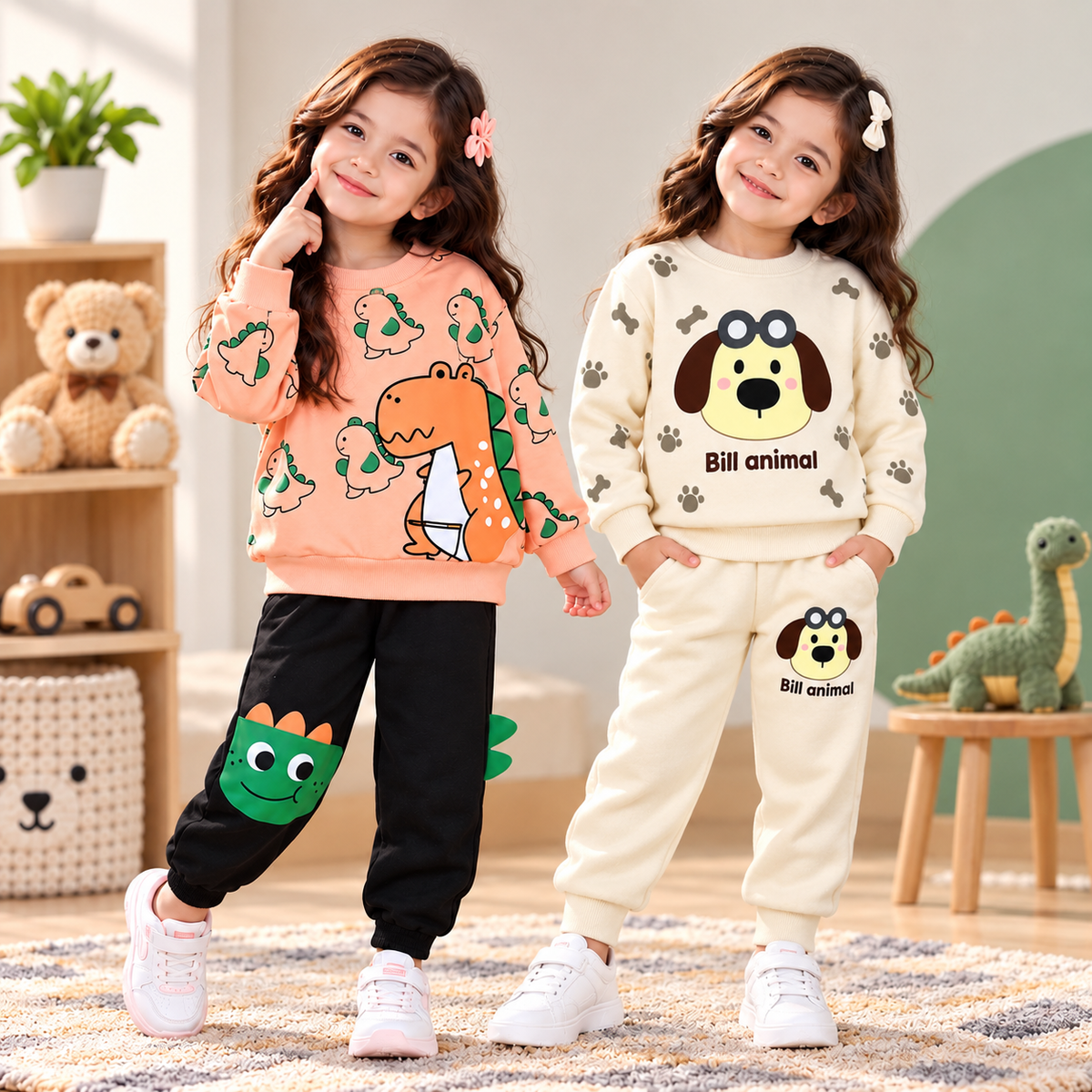 Winter Dino Adventure Printed & Cute Puppy Printed Sweatshirt Suit Set ( Pack of Two )