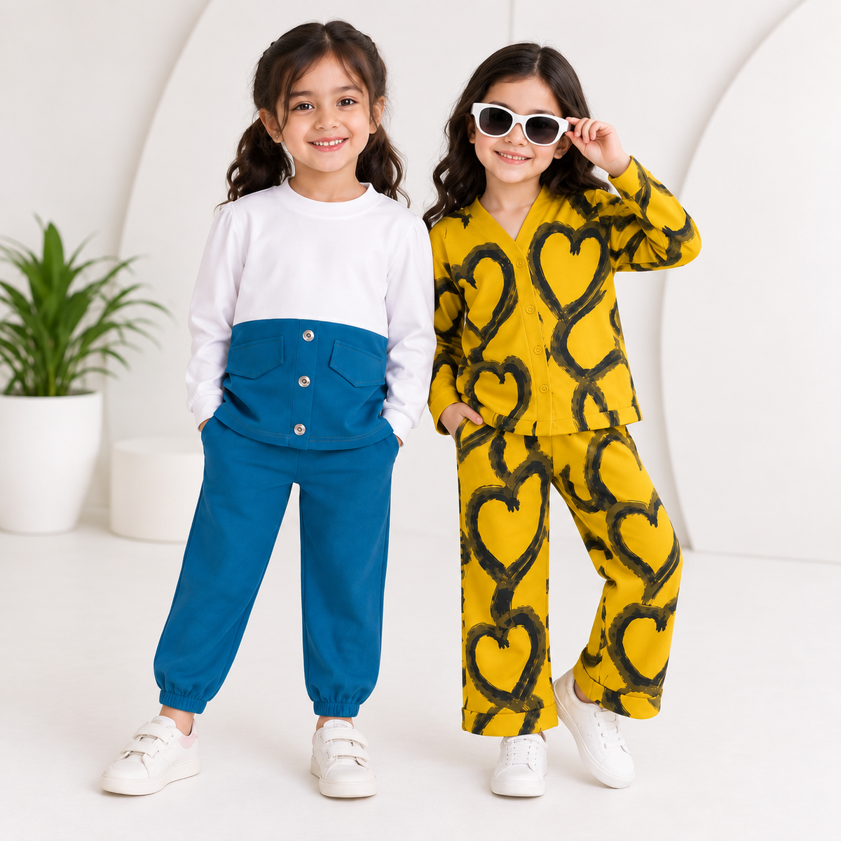 Mid Season Girls Blue Pocket Detail Co-Ord Set & Yellow Heart Print Co-Ord Set  ( Pack of Two )