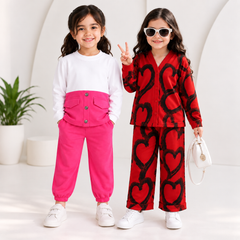 Mid Season Girls Pink & White Girls Co-Ord Set & Red & Black Girls Co-Ord Set  ( Pack of Two )