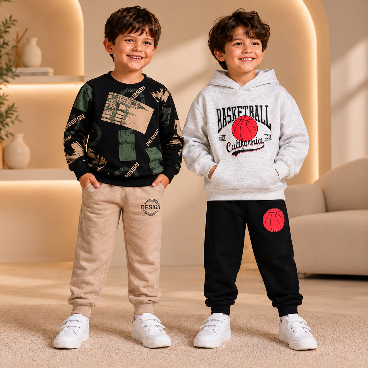 Black & Beige Graphic Design Sweatshirt & Grey Basketball Printed Hoodie with Black Jogger   – Pack of 2