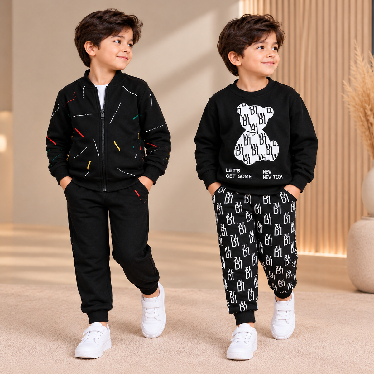 Black Printed Zipper Jacket & Trouser Set & Black B1 Printed Sweatshirt & Trosuer  Set    – Pack of 2