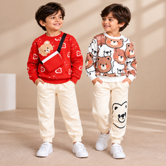 Red Teddy Bear Printed Sweatshirt & Cream Teddy Bear Printed Sweatshirt Tracksuit Set    – Pack of 2