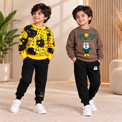 Yellow Smiley Splash Printed Sweatshirt & Brown Coolest Bear Printed Sweatshirt Tracksuit Set    – Pack of 2