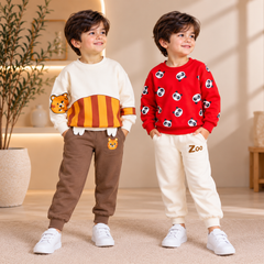Cream & Brown Tiger Stripe Sweatshirt & Red Panda Print Sweatshirt  Tracksuit   – Pack of 2