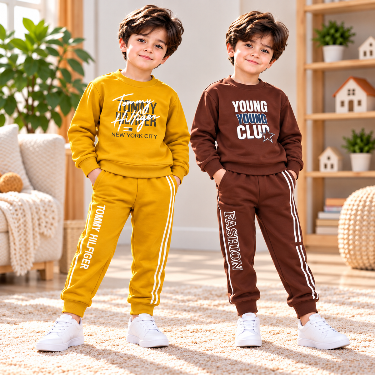 Mustard Yellow Tommy Hilfiger Printed Sweatshirt & Brown Young Club Printed Sweatshirt Suit Set  – Pack of 2