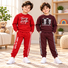 Red Tommy Hilfiger Printed Tracksuit & Maroon “I'M BUSY” Printed Tracksuit Set - Pack of Two
