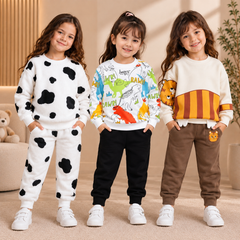 Winter Cow Print Fleece Sweatshirt & Dino & Rawr Printed Fleece Sweatshirt & Teddy Bear Striped Fleece Sweatshirt Suit Set ( Pack of Three )